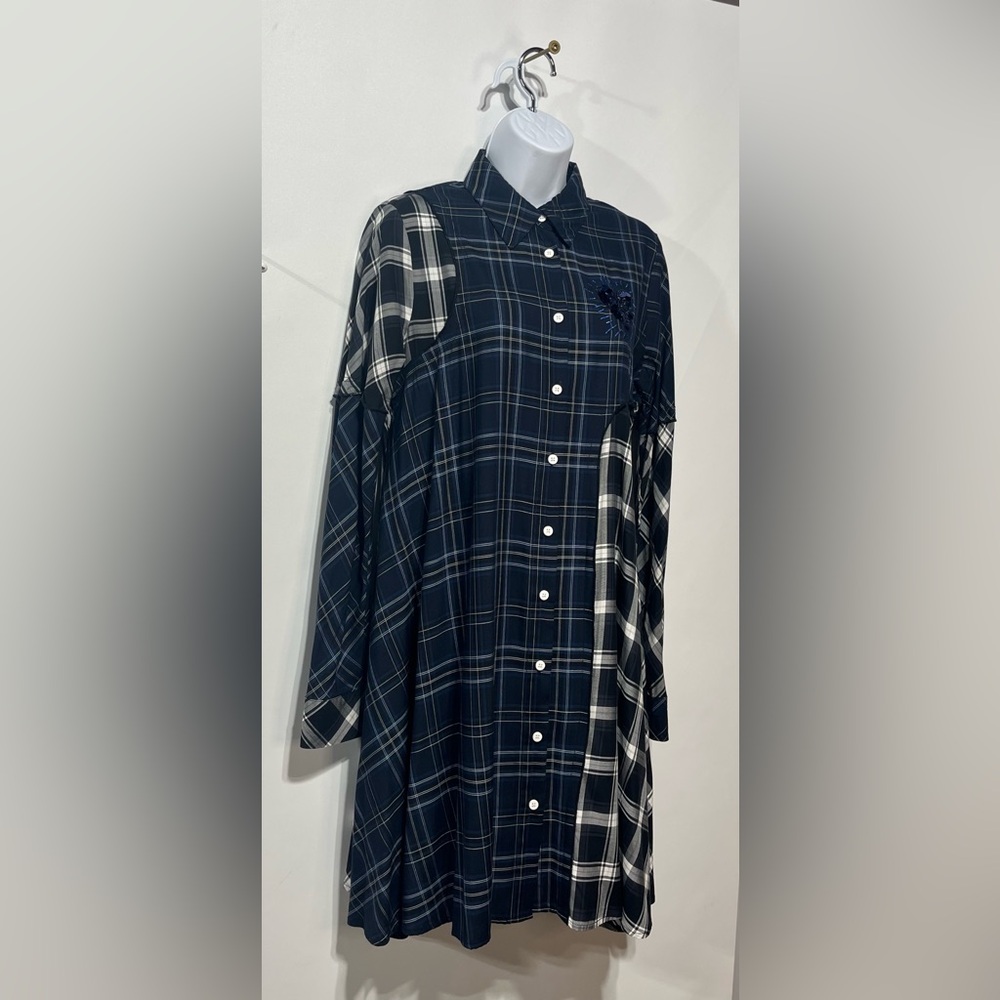 Desigual Navy, Black and‎ White Asymmetrical Button Down Plaid Dress Size Medium - Picture 6 of 11